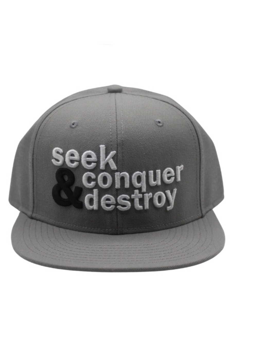 Gray Embroidered "seek & conquer & destroy" Snapback Hat